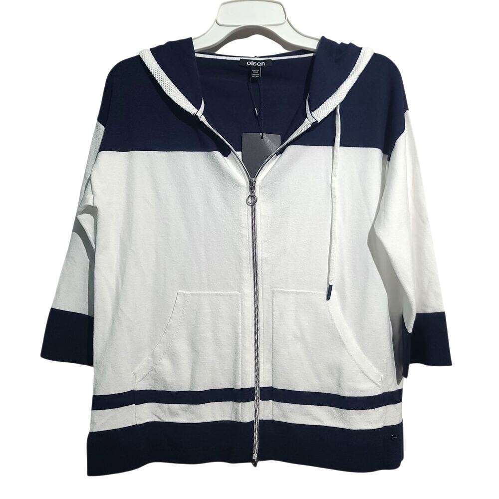 Olsen Cora Hooded Full-Zip Fine Knit Cardigan XS 34 Off-White/Ink Blue NWT